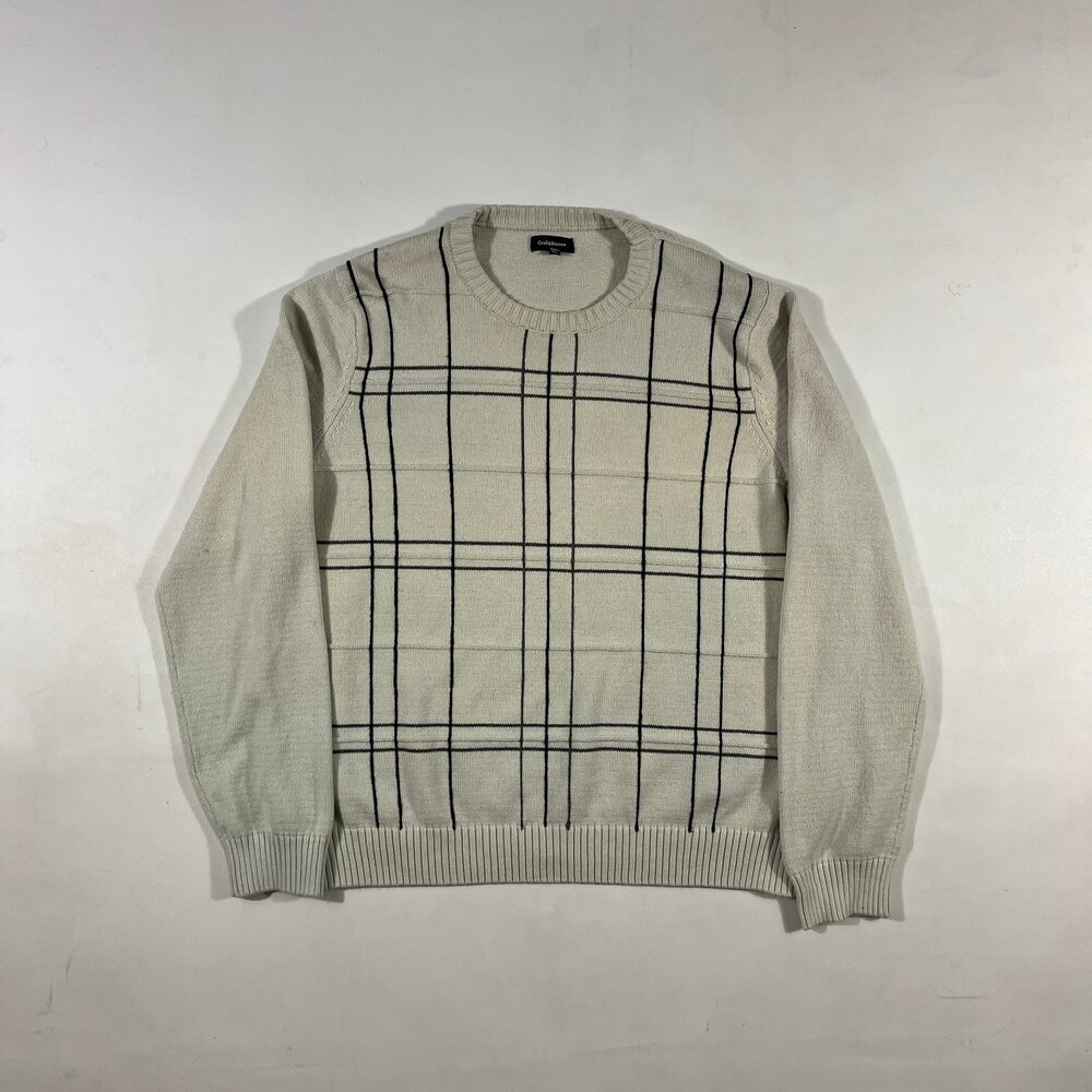 Vintage Croft & Barrow Cream Black Windowpane Grid Check Crewneck Knit Sweater